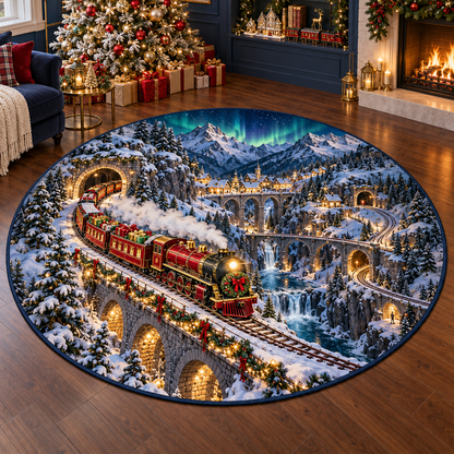 3D Winter Mountain Train Express Christmas Quilted Round Rug