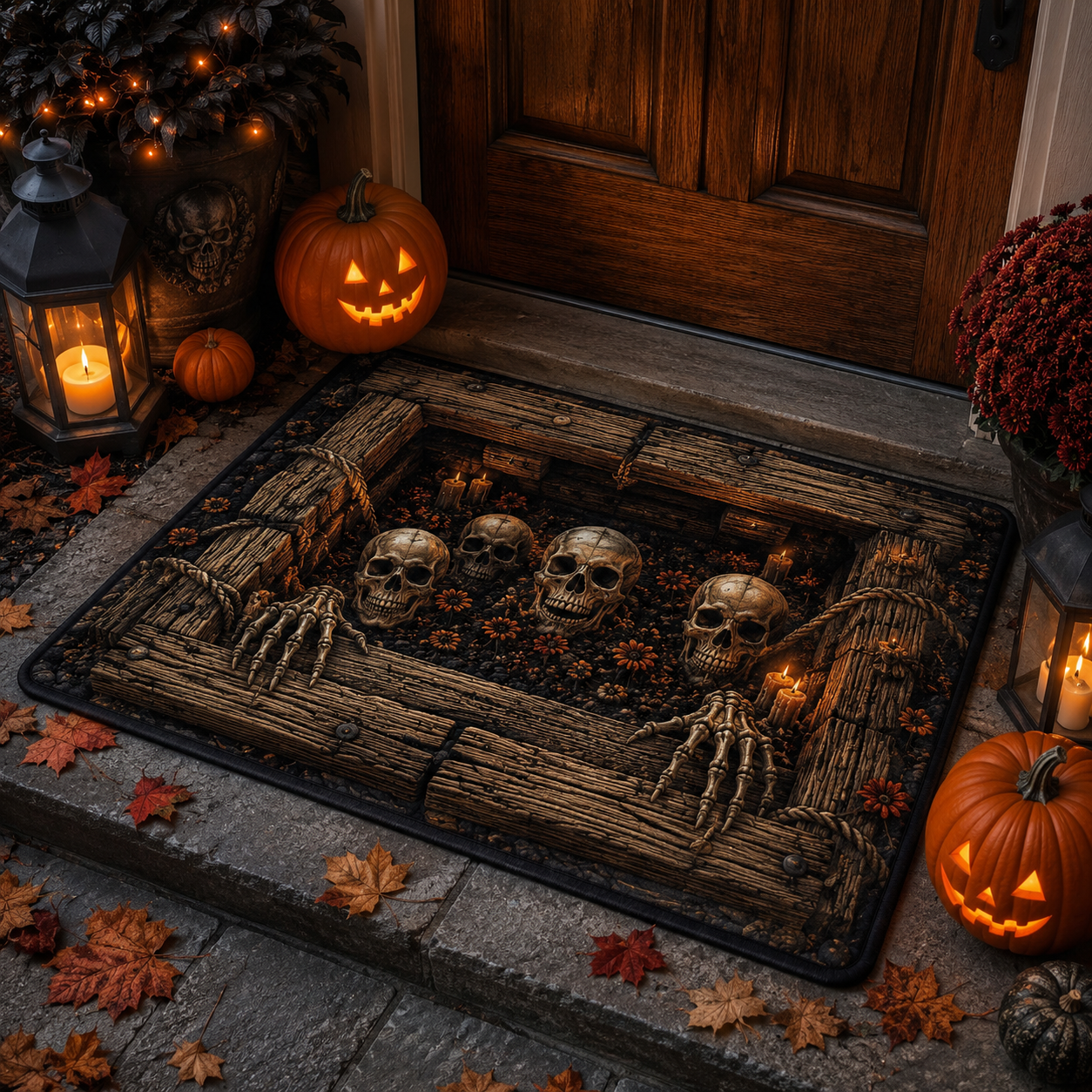 3D Wooden Pit Skulls Spooky Halloween Gate Doormat