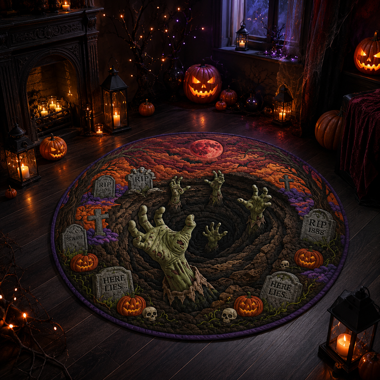 3D Zombie Hands Graveyard Blood Moon Halloween Quilt Round Rug