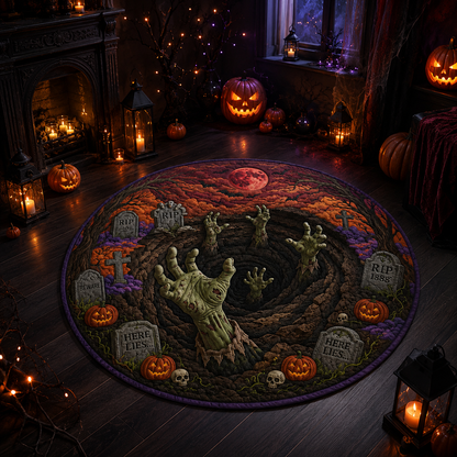 3D Zombie Hands Graveyard Blood Moon Halloween Quilt Round Rug