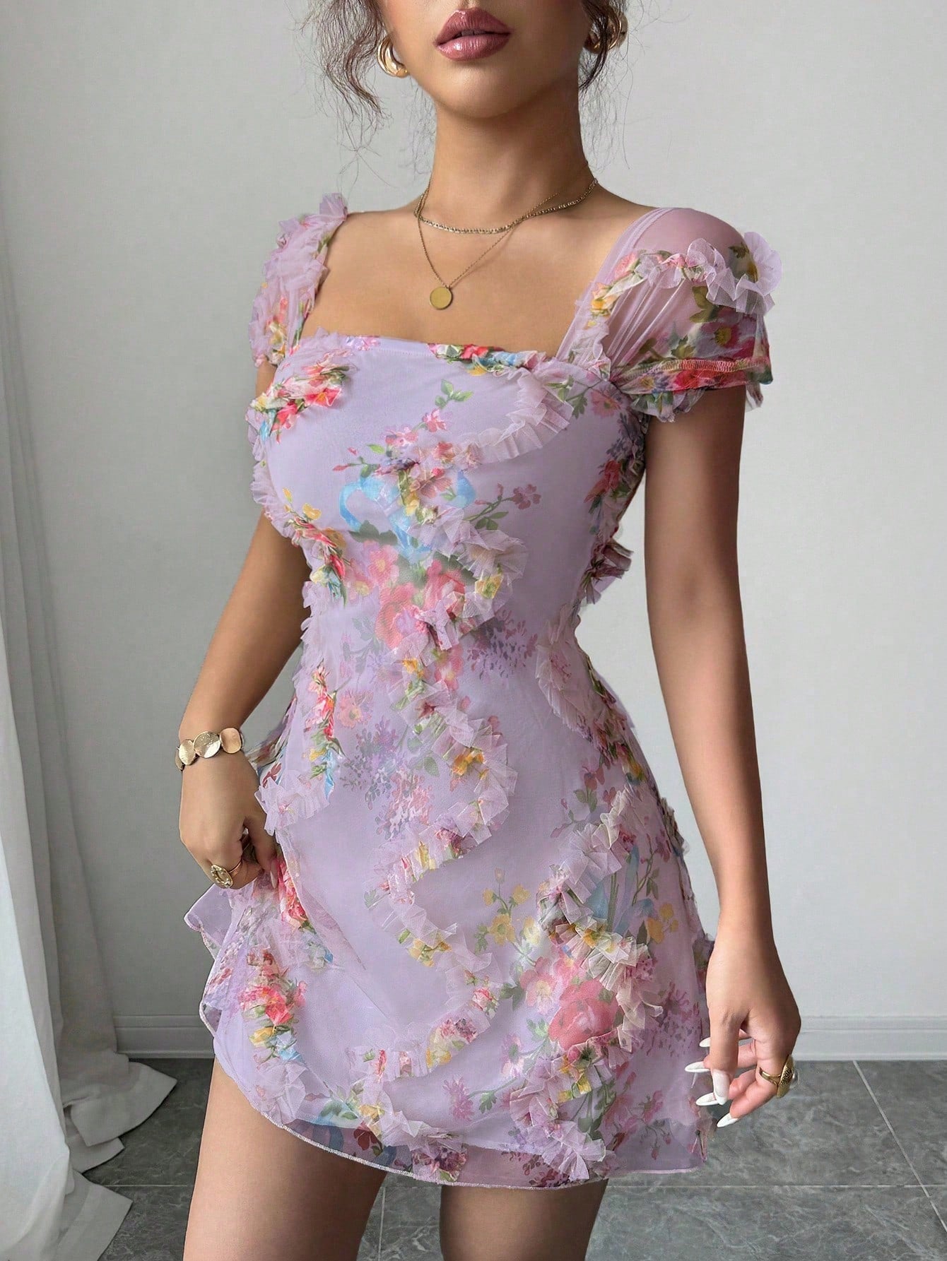 Floral Mesh Ruffled Mini Dress Elegant Square Neck A-Line Party Dress for Spring & Summer