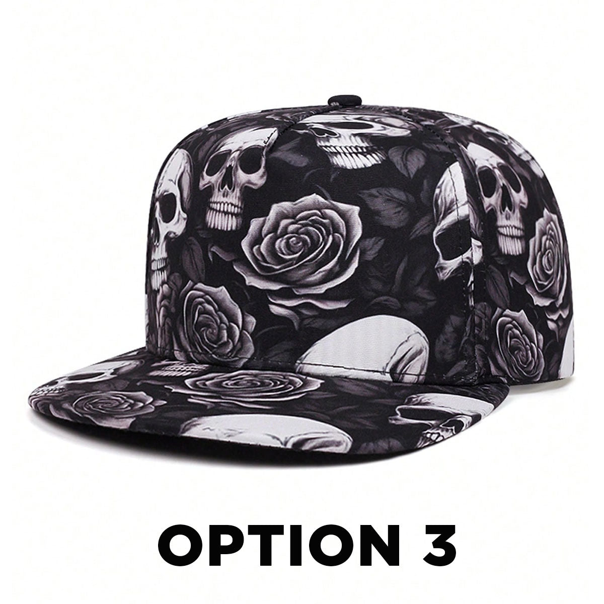 Skull Floral Print Hip Hop Flat Brim Baseball Cap