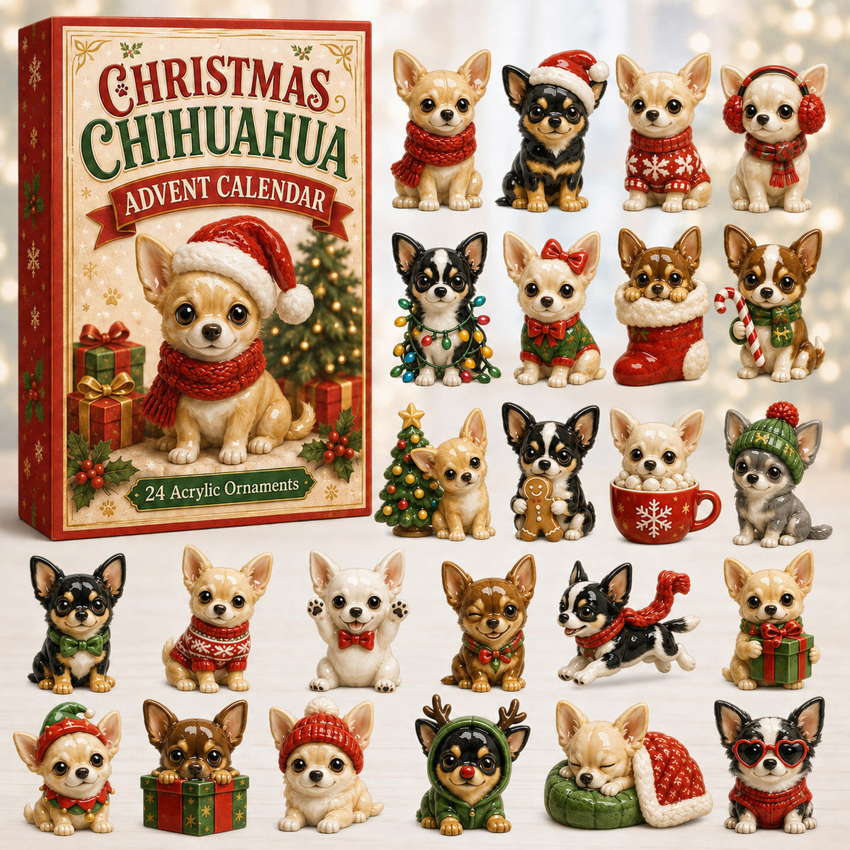 Christmas Chihuahua Advent Calendar 2026 - 24-Day Festive Countdown, Acrylic Charms Blind Box - Gift For Chihuahua Lovers