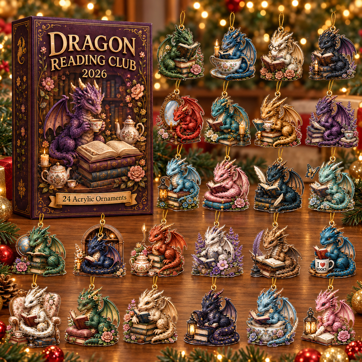 Dragon Reading Club Advent Calendar 2026 - 24-Day Festive Countdown, Acrylic Charms Blind Box - Gift For Dragon Lovers