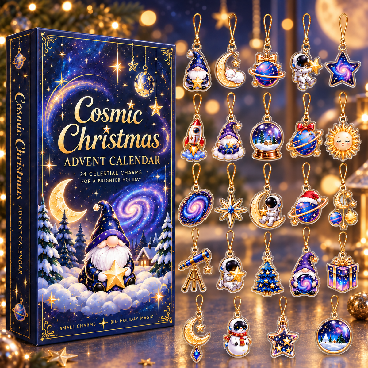 Cosmic Christmas Advent Calendar with 24 Acrylic Charms – Celestial Space Christmas Countdown Gift with Astronaut, Moon, Stars & Gnome Ornaments