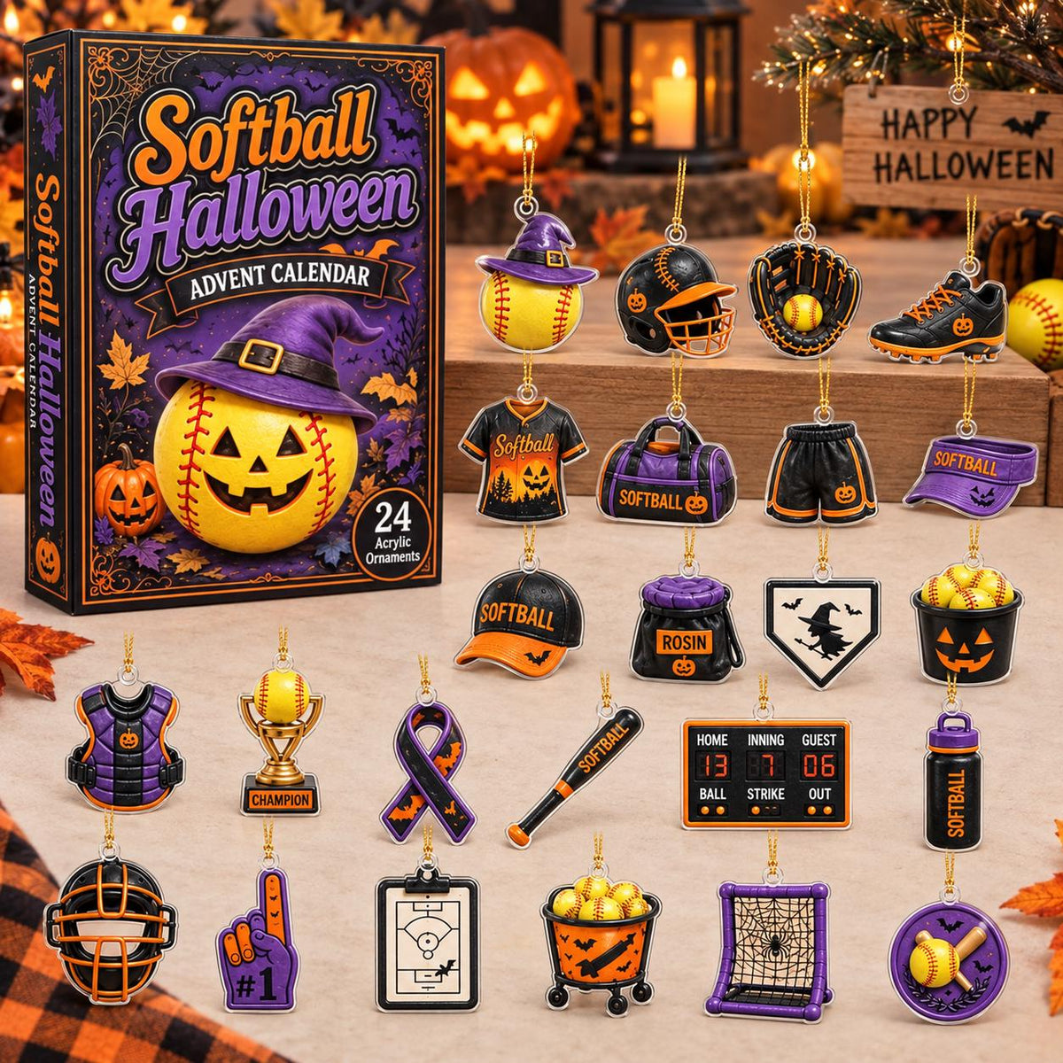 Softball Advent Calendar, Halloween Sports Advent Calendar 2026, 24 Softball Christmas Ornaments, Softball Gifts, Team Gift for Players