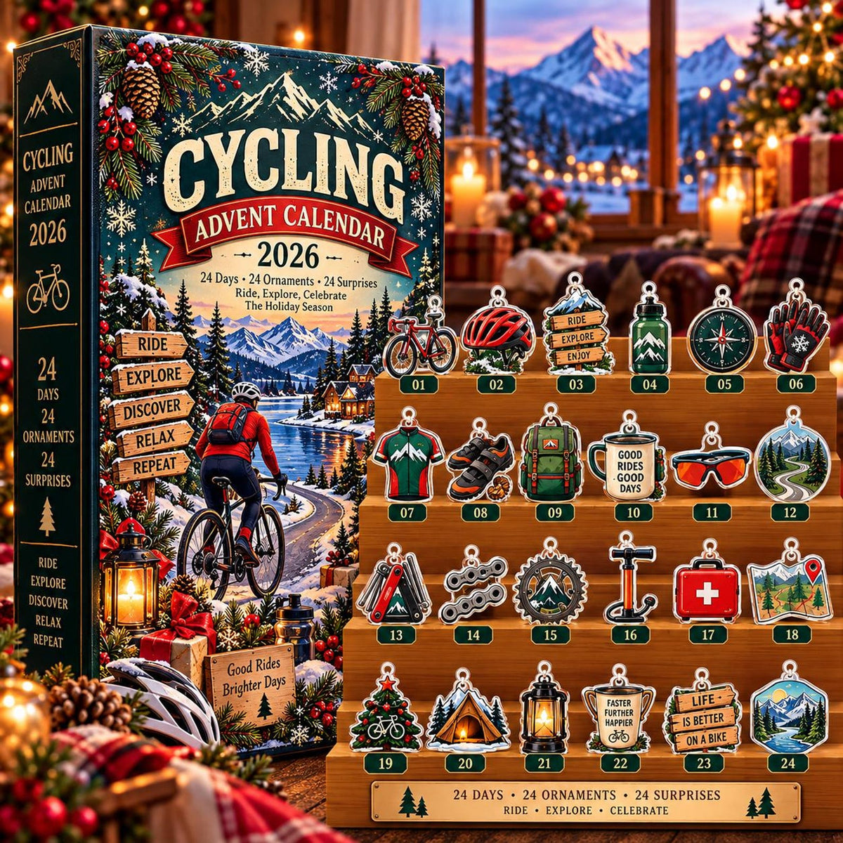 Cycling Advent Calendar 2026, 24 Days of Biking Acrylic Ornaments, Unique Christmas Countdown Gift for Cyclists and Bicycle Lovers