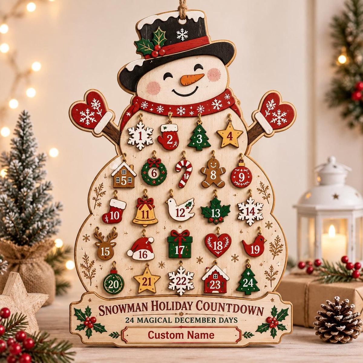 Personalized Snowman Advent Calendar, Christmas Countdown Calendar, Custom Name Holiday Decor, Family Christmas Gift, Rustic Wooden Sign