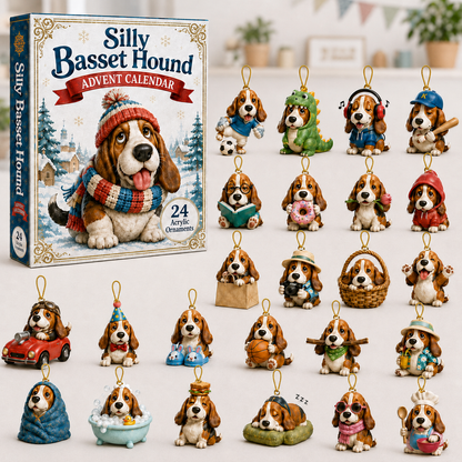 Silly Basset Hound Advent Calendar 2026 - 24-Day Festive Countdown, Acrylic Charms Blind Box - Gift For Basset Hound Lovers
