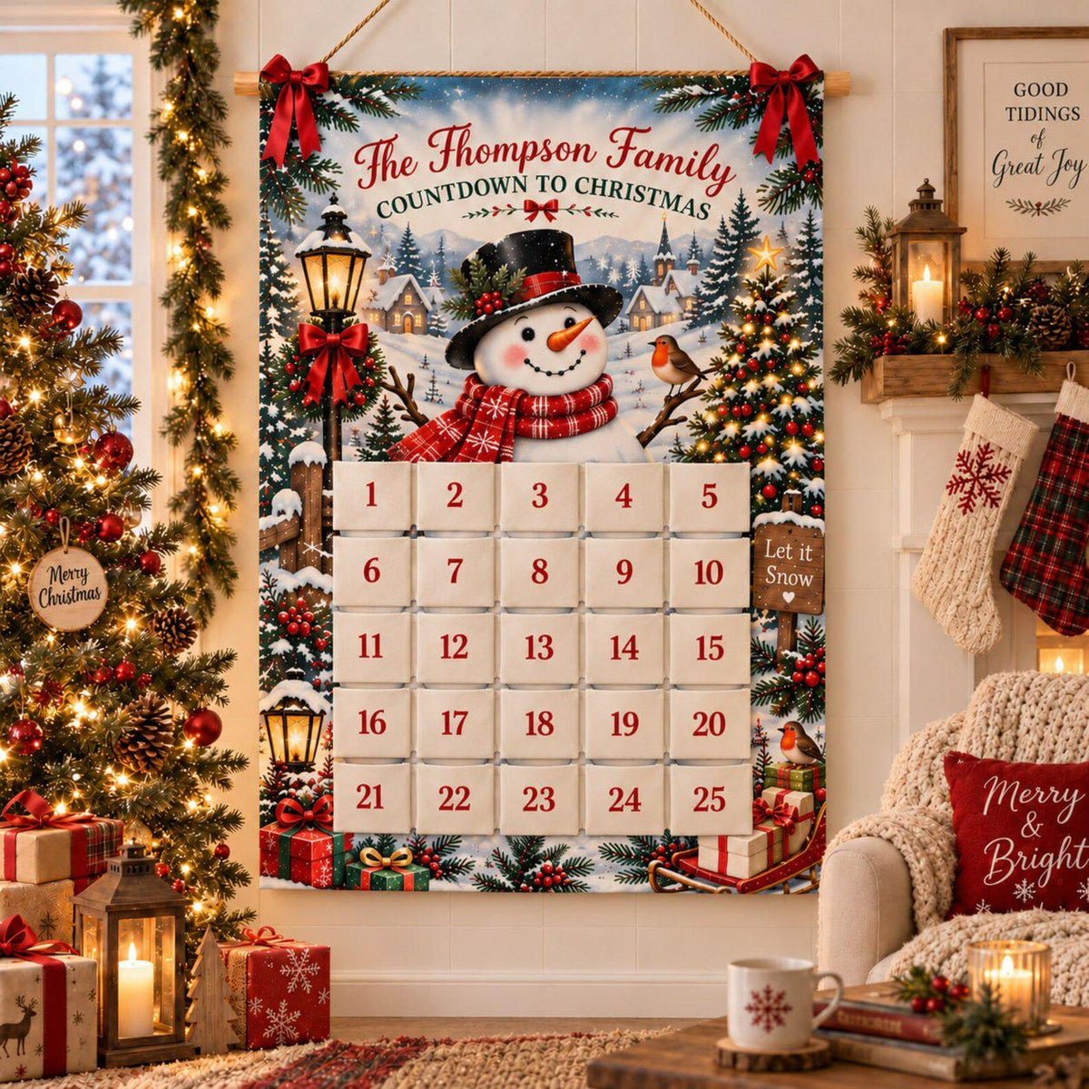 Personalized Reusable Fabric Advent Calendar, Snowman Christmas Countdown, Custom Family 25 Pocket Advent Calendar, Holiday Wall Xmas Decor