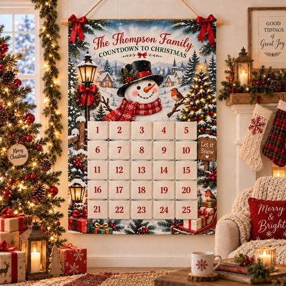 Personalized Reusable Fabric Advent Calendar, Snowman Christmas Countdown, Custom Family 25 Pocket Advent Calendar, Holiday Wall Xmas Decor