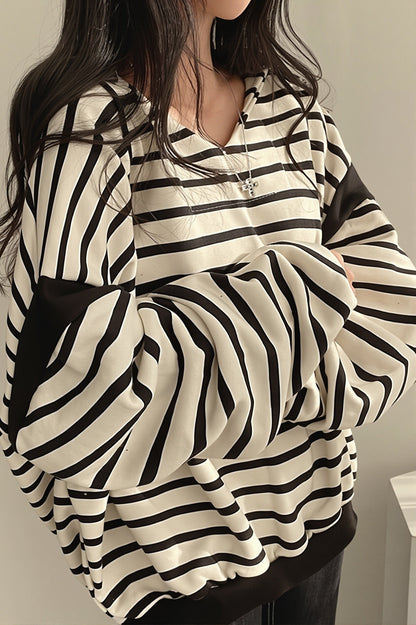 Striped V Neck Pullover Hoodie
