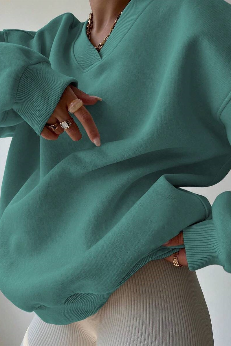Solid Oversized V Neck Sweatshirt
