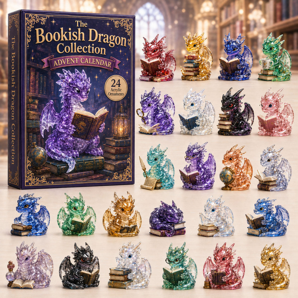 Bookish Dragon Advent Calendar 2026 - 24-Day Festive Countdown, Acrylic Charms Blind Box - Gift For Dragon Lovers