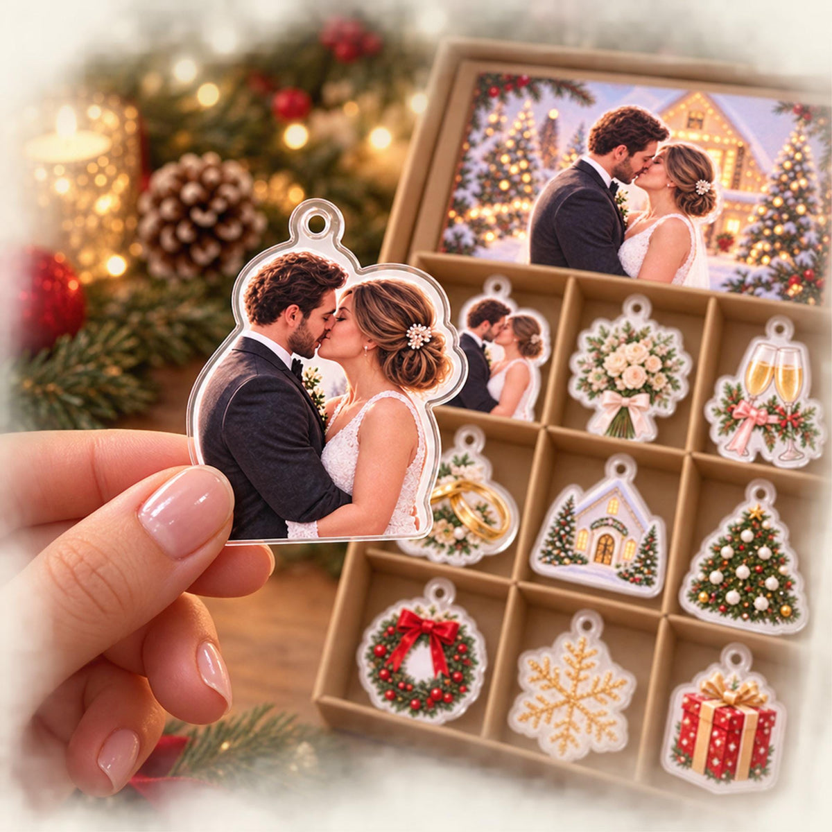 Personalized Wedding Memory Advent Calendar with 24 Custom Photo Acrylic Ornaments, Newlywed Christmas Gift, Wedding Keepsake for Couple
