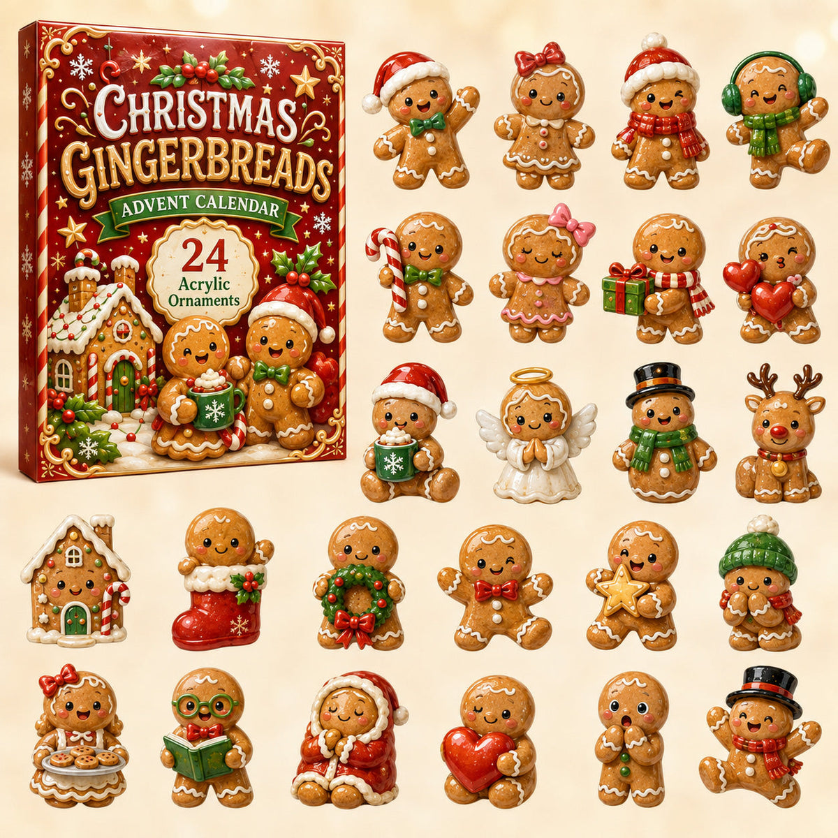 Christmas Gingerbreads Advent Calendar 2026 - 24-Day Festive Countdown, Acrylic Charms Blind Box - Gift For Family Members