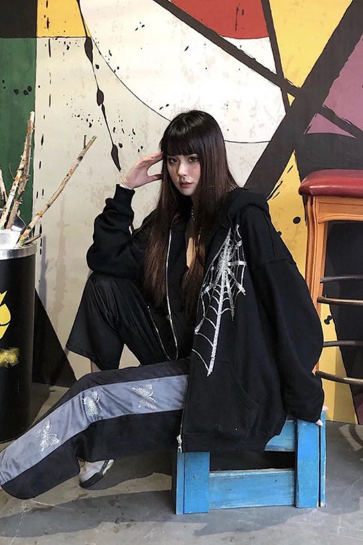 Rhinestone Spider Zip Hoodie
