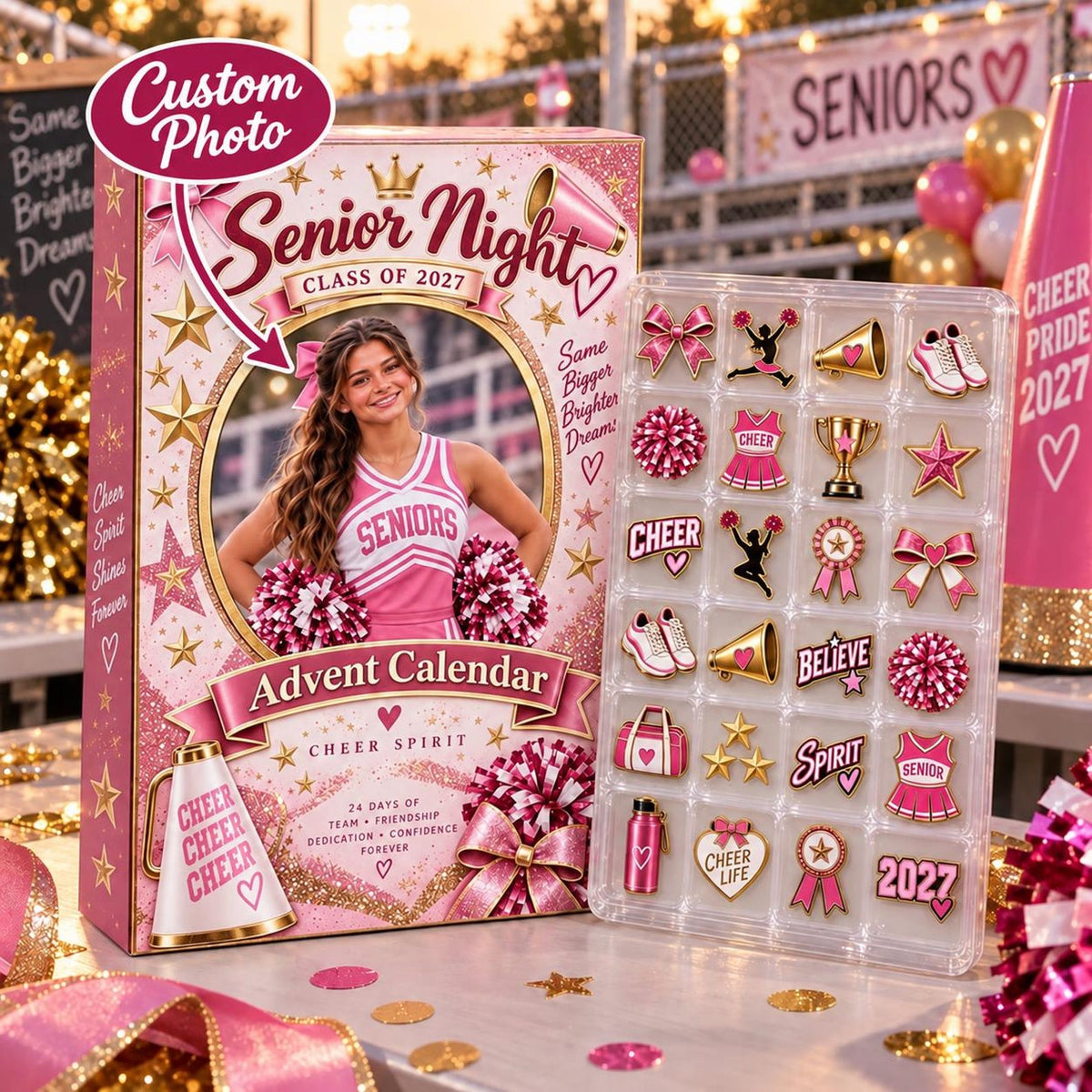 Personalized Cheerleading Advent Calendar: Custom Senior Night Photo Blind Box, Enamel Pin Gift