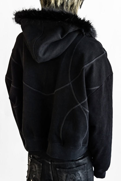 Faux-Fur Hood Graphic Zip-Up Hoodie