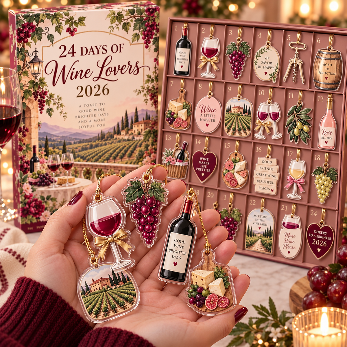 Wine Lovers Advent Calendar 2026, 24 Day Xmas Countdown, Wine Ornaments, Vineyard Holiday Gift, Sommelier Gift for Women, Wine Lover Decor