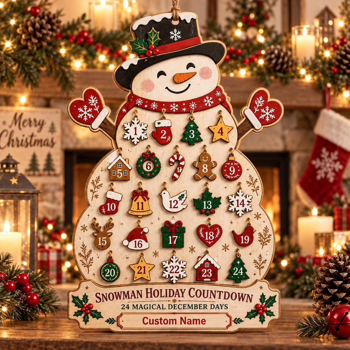 Personalized Snowman Advent Calendar, Christmas Countdown Calendar, Custom Name Holiday Decor, Family Christmas Gift, Rustic Wooden Sign