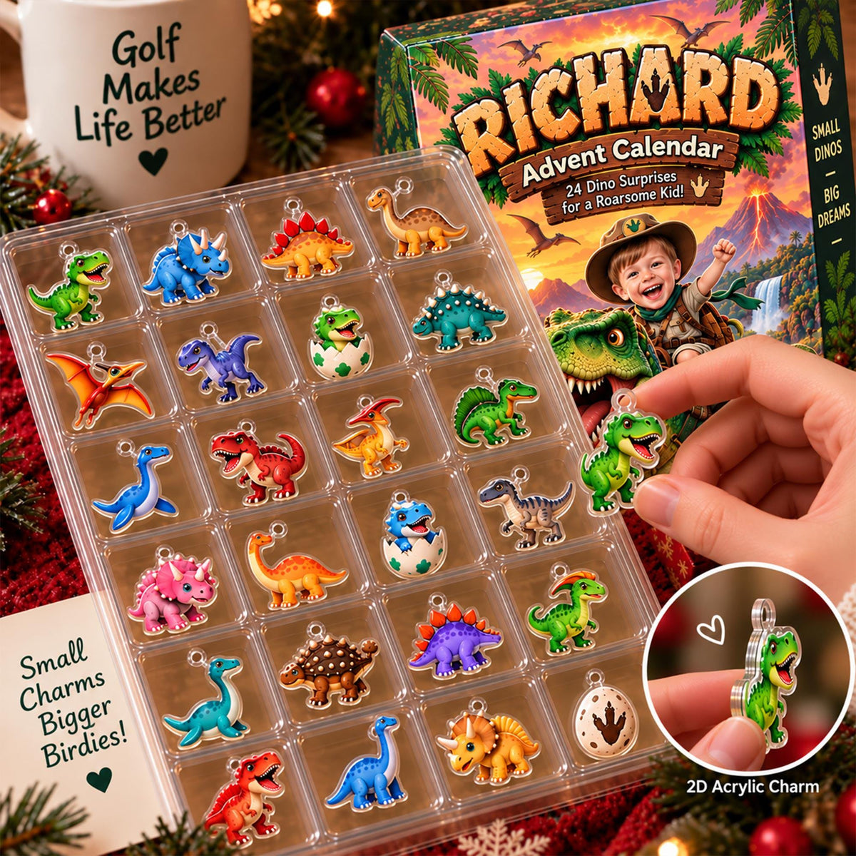 Personalized Dinosaur Advent Calendar, Custom Photo & Name, 24 Acrylic Dino Ornaments
