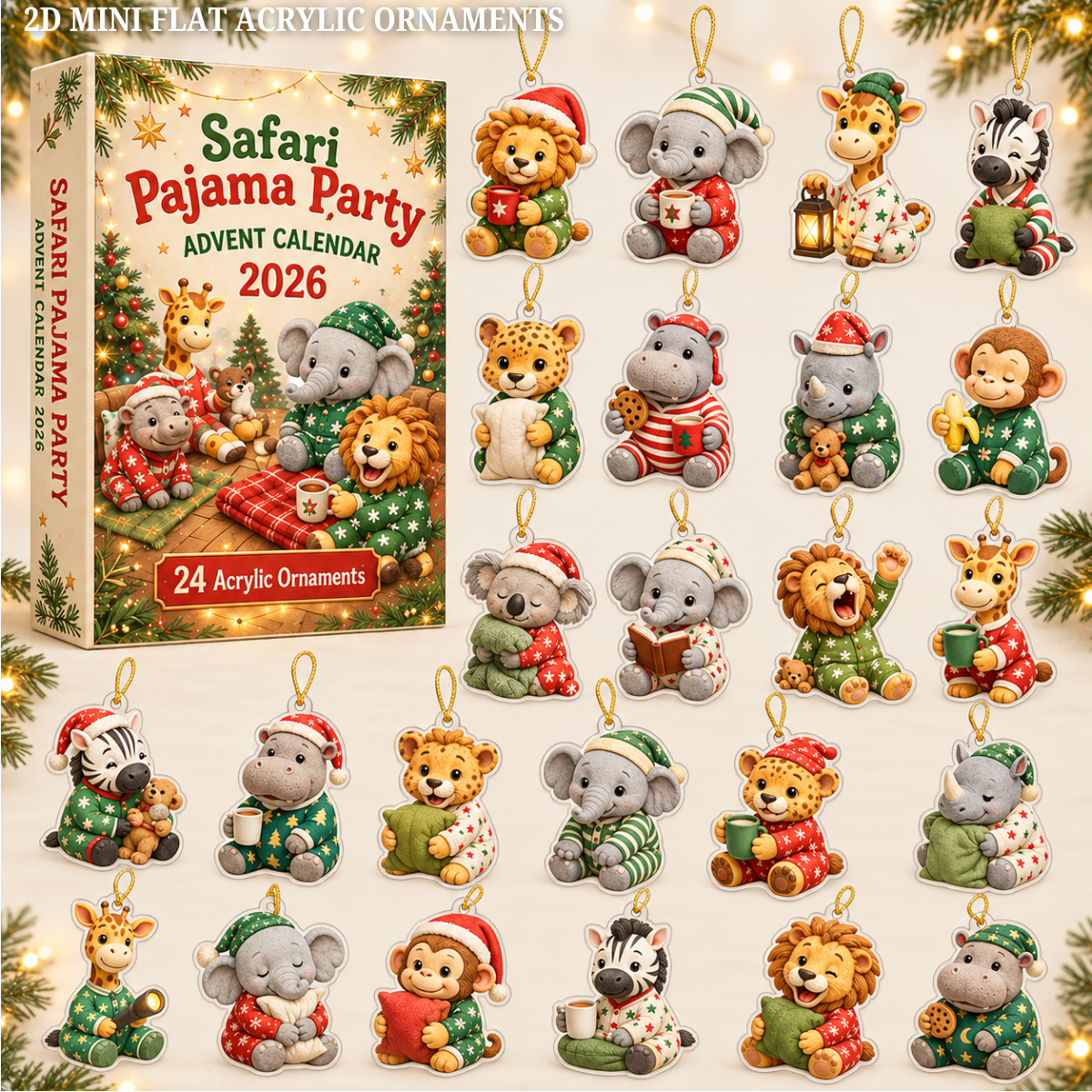 Safari Pajama Party Advent Calendar 2026 - 24-Day Festive Countdown, Acrylic Charms Blind Box - Gift For Safari Lovers