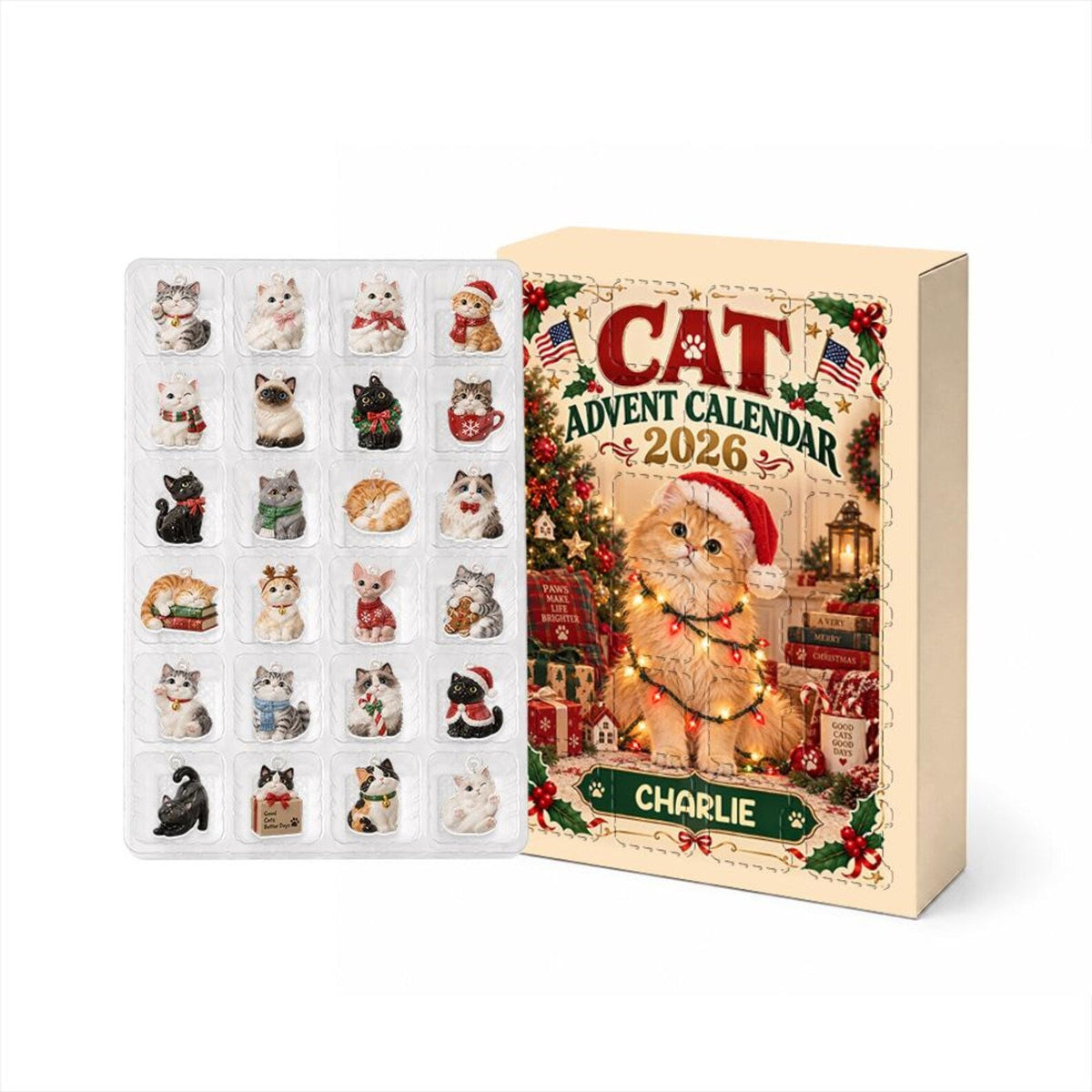 Personalized Cat Advent Calendar 2026, 24 Acrylic Charms, Christmas Countdown Gift for Cat Lovers