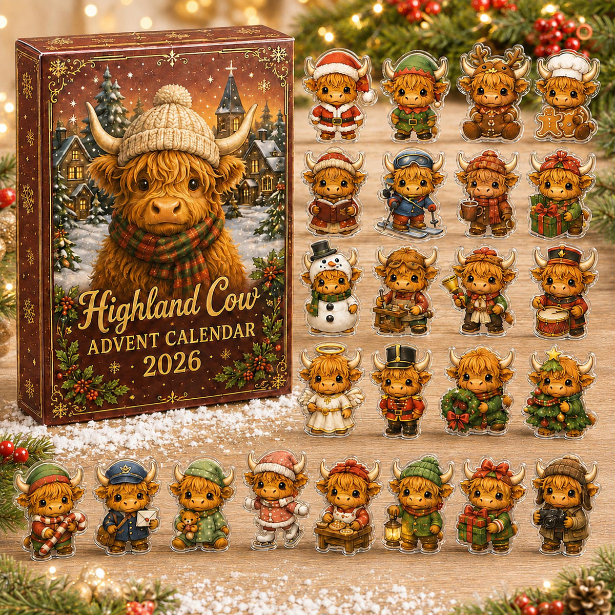 2026 Highland Cow Advent Calendar, 24 Christmas Acrylic Charms, Farmhouse Holiday Decor