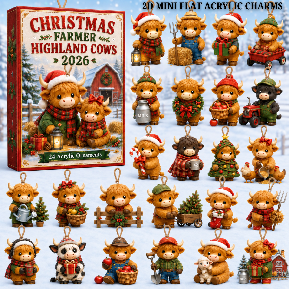 Christmas Highland Cow Farmer Advent Calendar 2026 - 24-Day Festive Countdown, Acrylic Charms Blind Box - Gift For Highland Cow Lovers