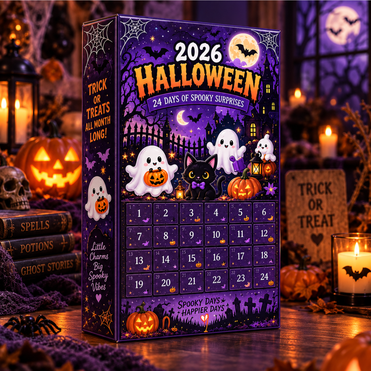 Halloween Advent Calendar with Flat Acrylic Charms – Spooky Ghost & Black Cat Countdown Box, Cute 24-Day Halloween Surprise Gift for Kids & Halloween Lovers