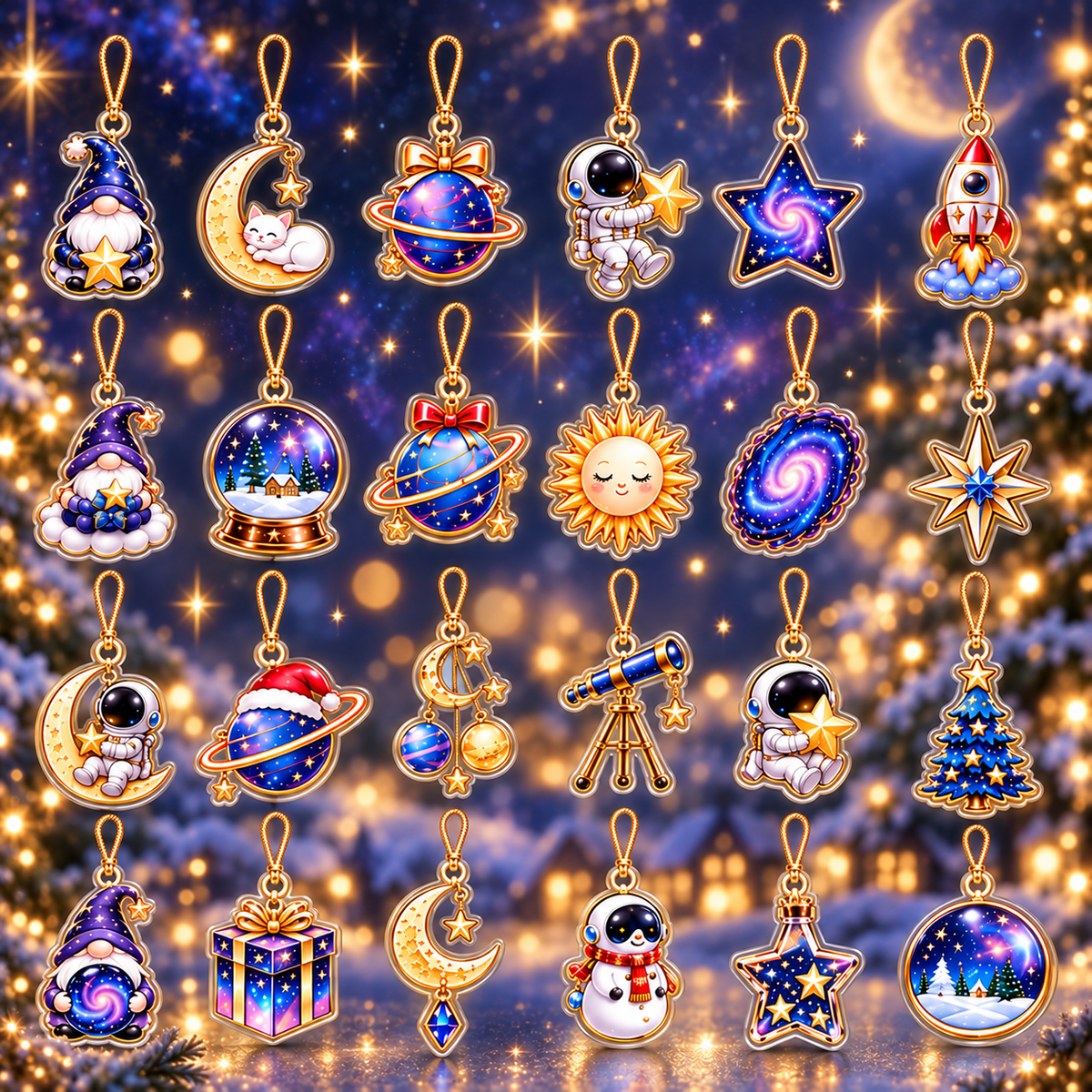 Cosmic Christmas Advent Calendar with 24 Acrylic Charms – Celestial Space Christmas Countdown Gift with Astronaut, Moon, Stars & Gnome Ornaments