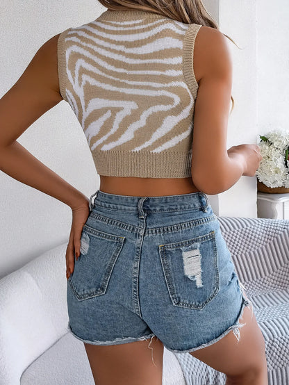 Zebra Print Color Block Hollow Out Cropped Knit Top