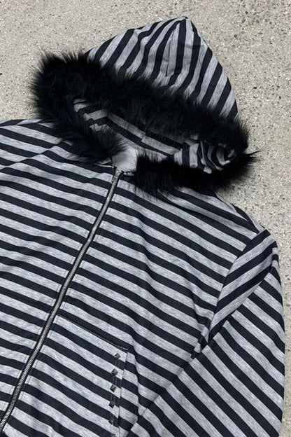 Striped Faux-Fur Hood Zip-Up Hoodie