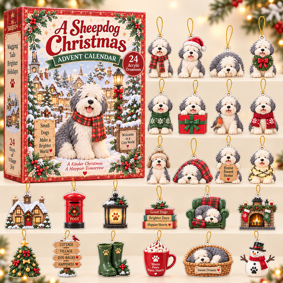 A Sheepdog Christmas Advent Calendar 2026 - 24-Day Festive Countdown, Acrylic Charms Blind Box - Gift For Old English Sheepdog Lovers