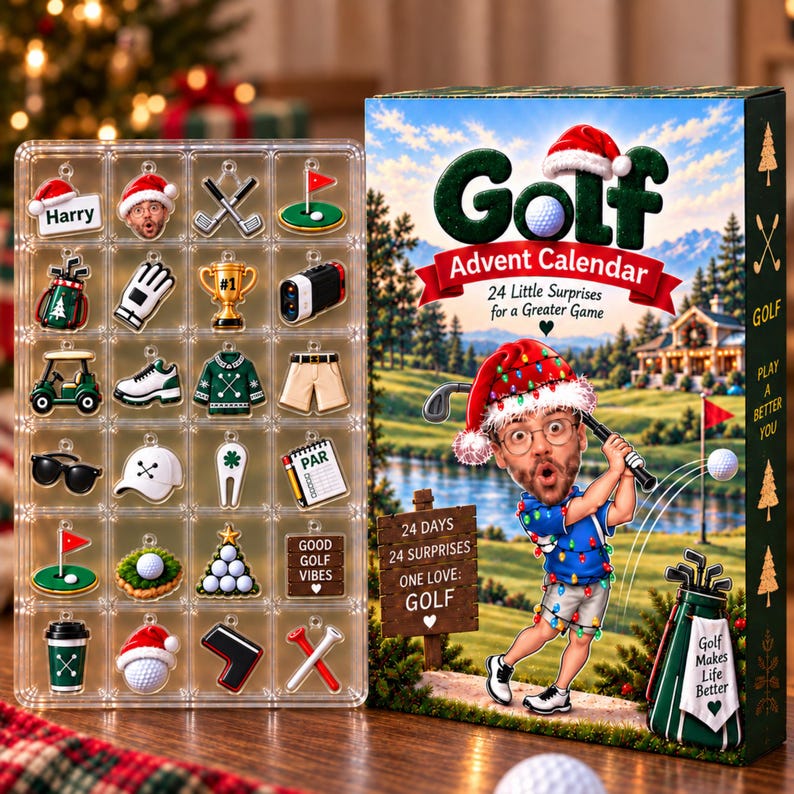 Golf Advent Calendar, Personalized Christmas Gift for Golfer, Custom Name Photo Keychain, 24 Day Gift for Dad Husband Boyfriend Golf Lover