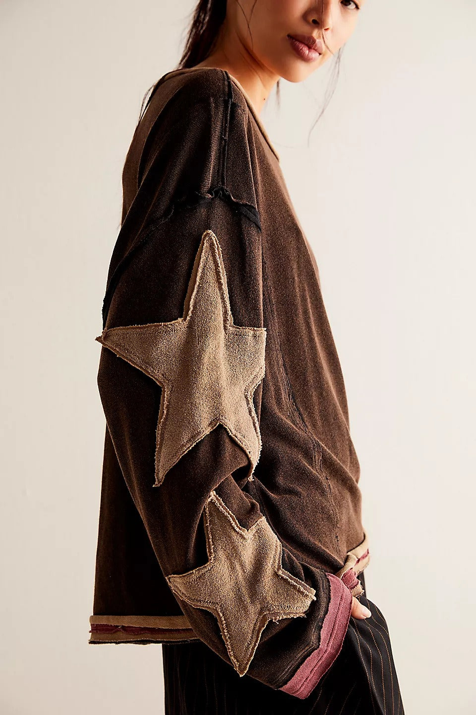 Star Sleeve Applique Crewneck Sweatshirt