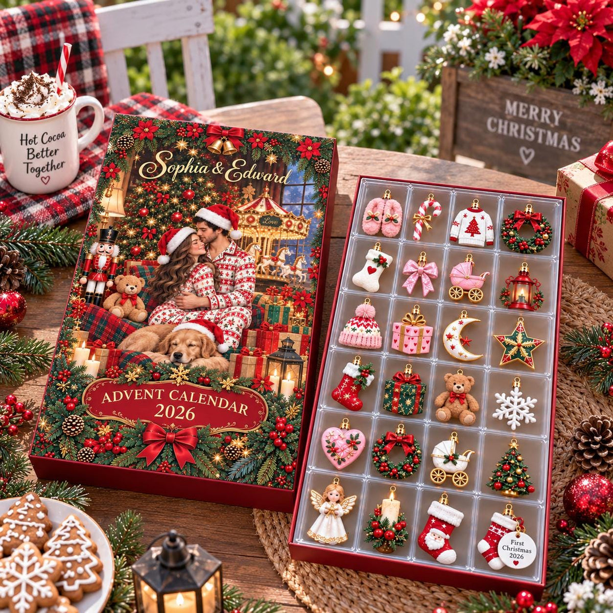 Personalized Couple Advent Calendar 2026, Christmas Countdown Box, Custom Name Ornament Set, Romantic Holiday Gift 2026 for Wife Husband