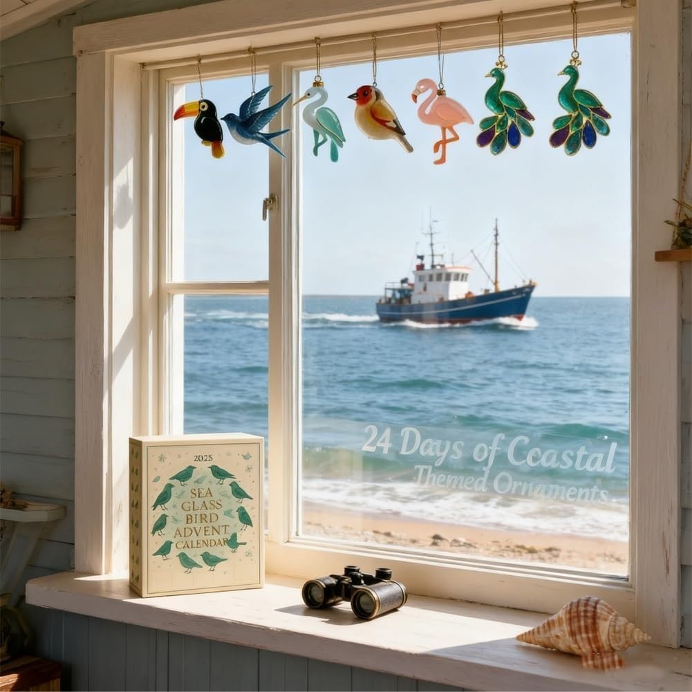 Sea Glass Bird Advent Calendar 2025 With 24 Hanging Ornaments Countdown Christmas Gift For Bird Lovers Tree Decor Holiday Display
