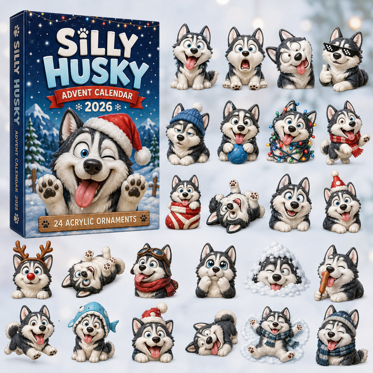 Silly Husky Advent Calendar 2026 - 24-Day Festive Countdown, Acrylic Charms Blind Box - Gift For Husky Lovers