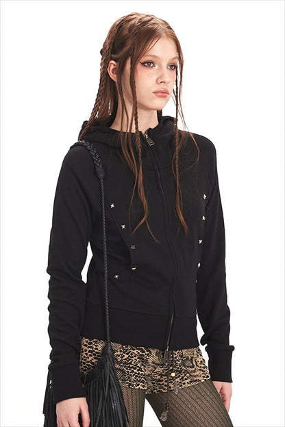 Rhinestone Detail Fitted Zip Up Hoodie