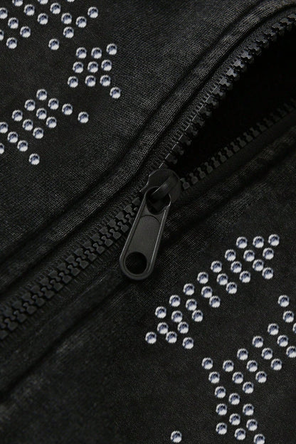 Gothic Rhinestone Letter Zip Hoodie