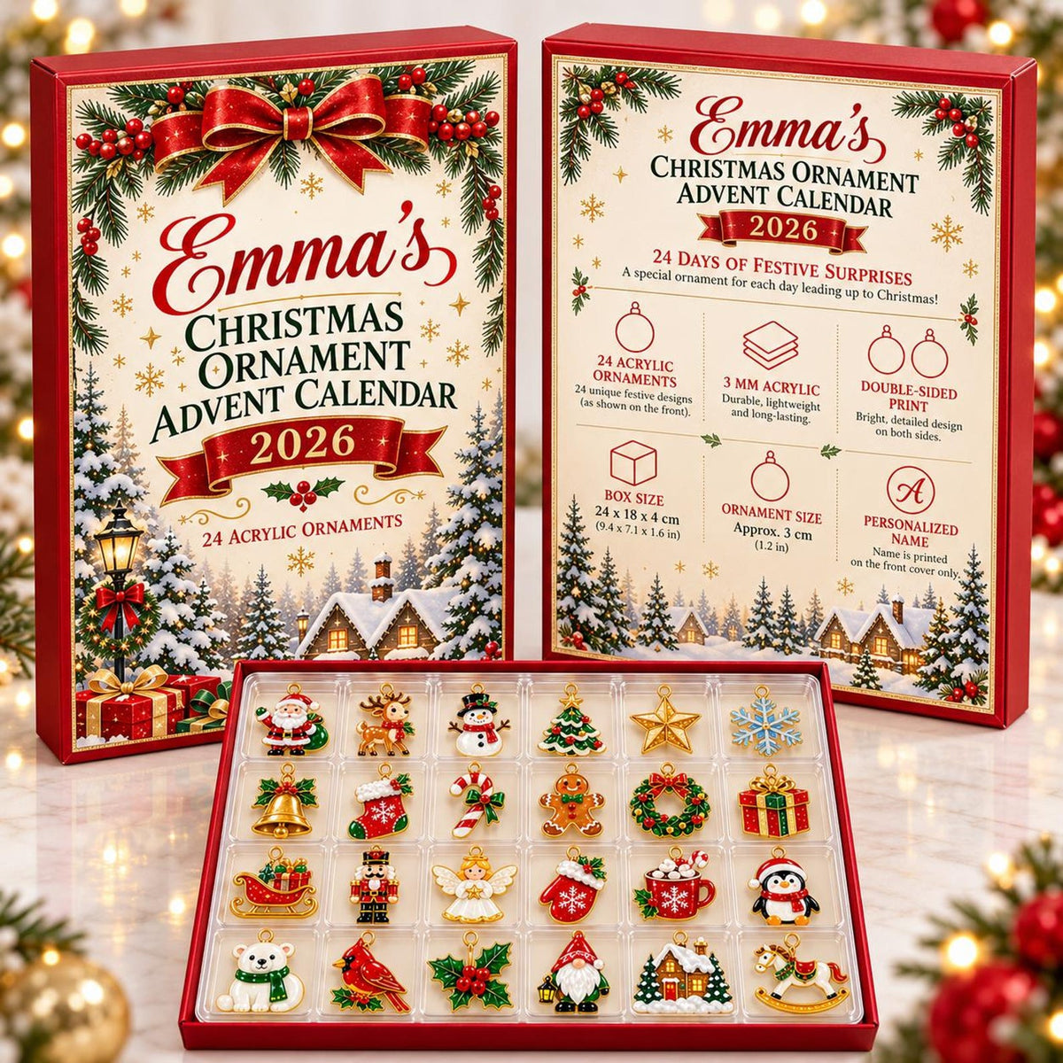 Personalized Christmas Advent Calendar 2026, 24 Acrylic Ornaments, Holiday Countdown Box, Custom Name Xmas Gift for Kids & Family John