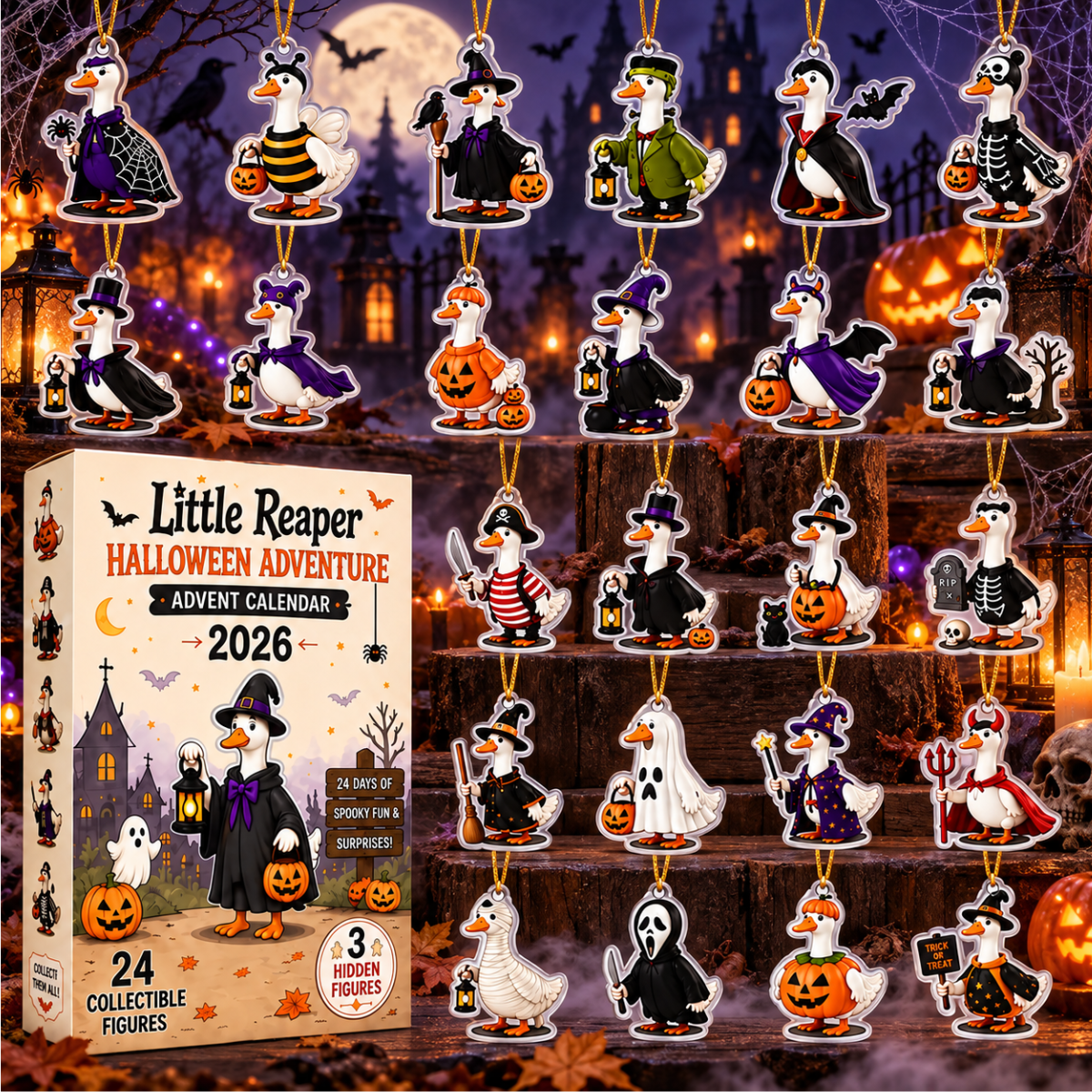 2026 Halloween Goose Advent Calendar – 24 Days of Spooky 2D Acrylic Goose Ornaments, Funny Trick-or-Treat Countdown Box & Cute Collector Gift for Goose Lovers