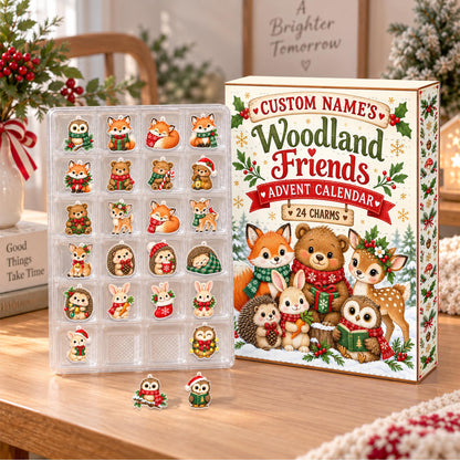 Personalized Woodland Friends Advent Calendar Box, Custom Name 24 Charm Christmas Countdown, Kids Holiday Keepsake Gift