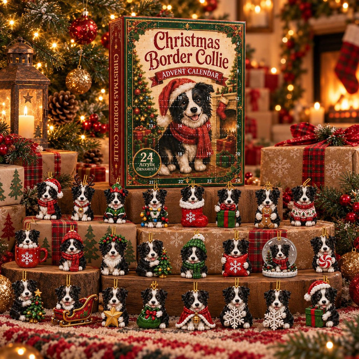 Border Collie Christmas Advent Calendar, 24 Acrylic Dog Ornaments (Blind Box)