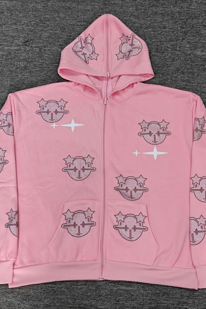 Rhinestone Graphic Full Zip Hoodie