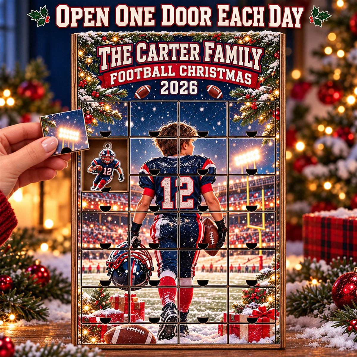 Personalized Football Advent Calendar with 24 Custom Photo Acrylic Ornaments, Player Number Christmas Gift for Football Family and Coach