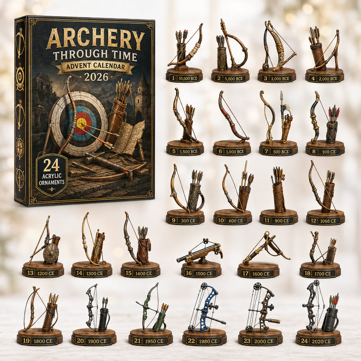 Archery Through Time Advent Calendar 2026 - 24-Day Festive Countdown, Acrylic Charms Blind Box - Gift For Archery Lovers
