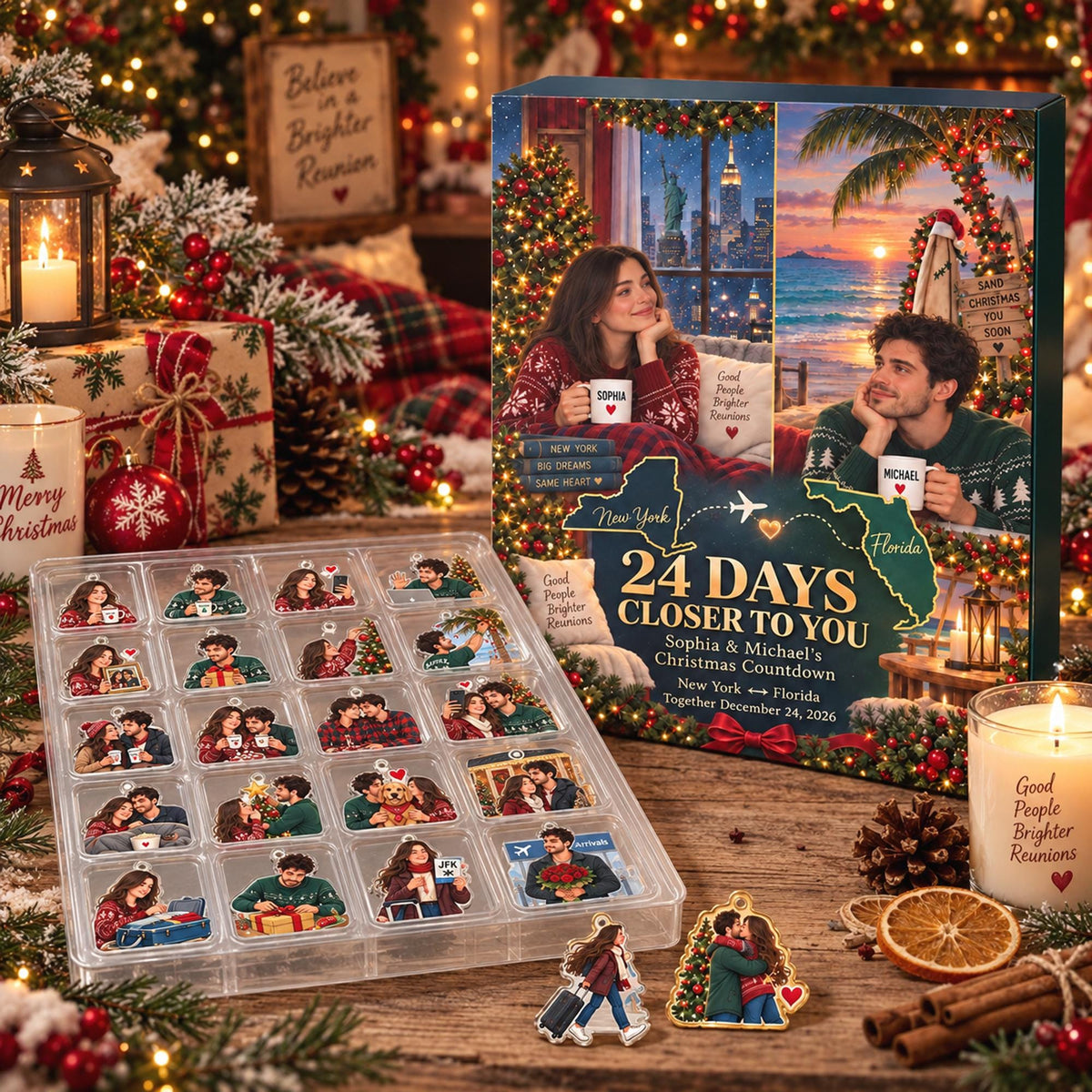 Personalized Long Distance Couple Advent Calendar 2026, 24pc Acrylic Ornaments, Christmas Reunion Gift, Custom State Map Photo Countdown Box